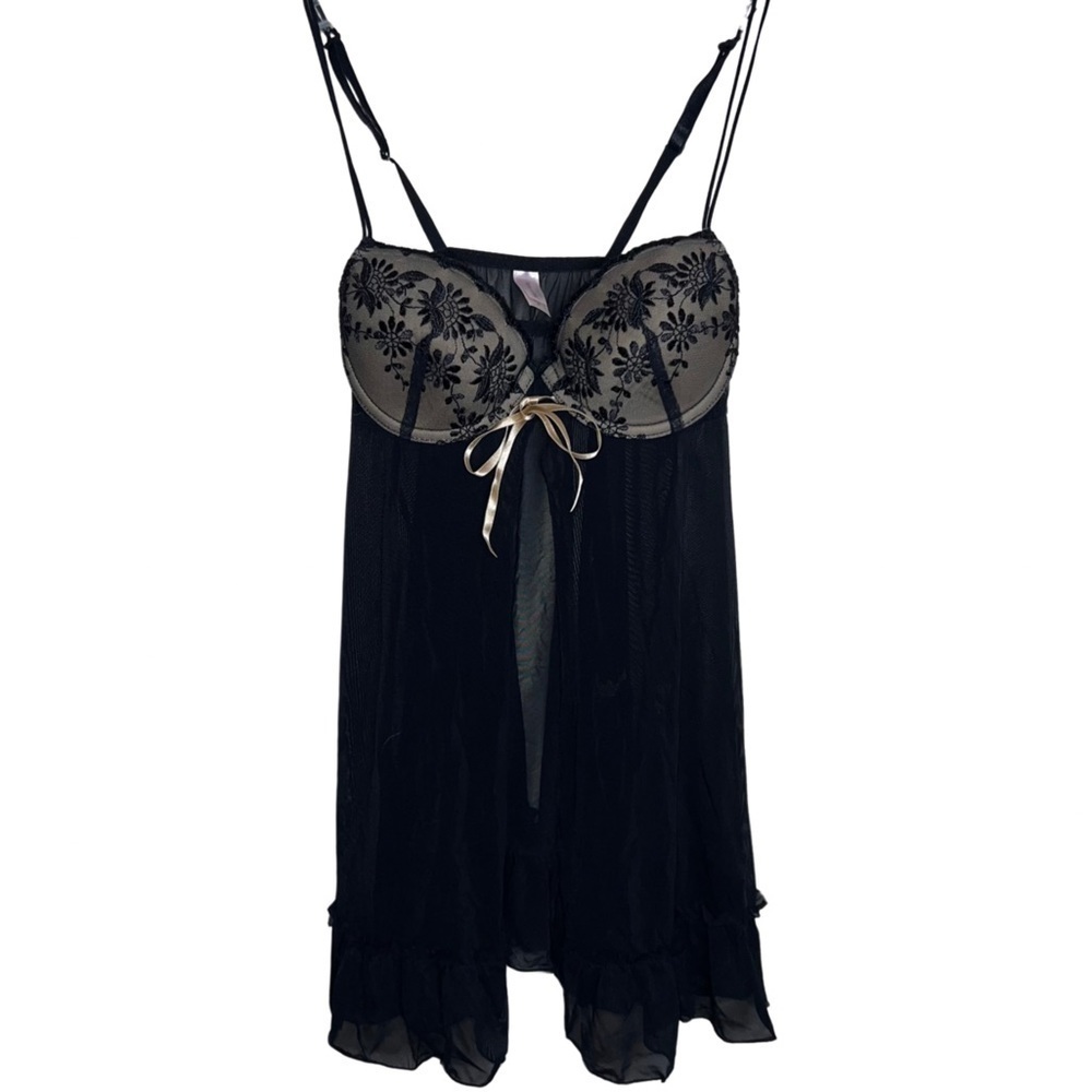 Inner Secrets Mesh Babydoll Lingerie Chemise Black and Cream Size Small